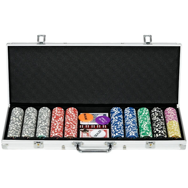 Rootz Casinon tarvikkeet - Pelimerkkipokerisarja - Pelimerkkipokerimerkkikotelo - Sisältää maton - 500 pelimerkkiä - Setti 9-10 pelaajalle - Hopea - 5