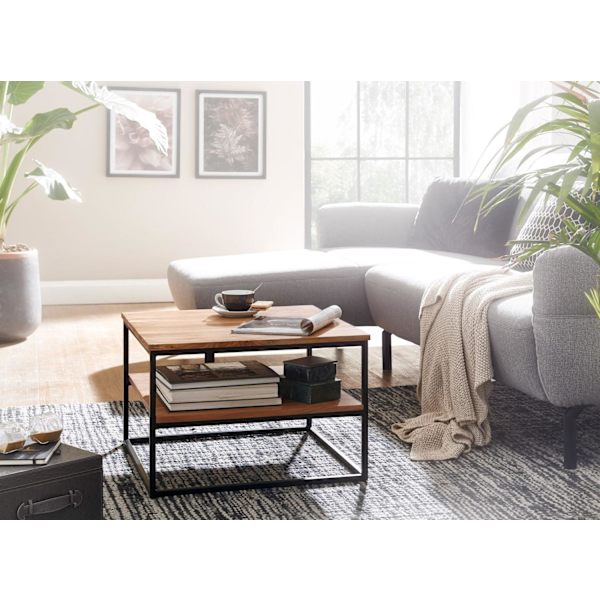 Rootz sofabord 60x60x41 cm massivt træ metal sofabord stuebord akacie - Industrielt værelsesbord med opbevaringsplads - Firkantet træbord, massivt sof