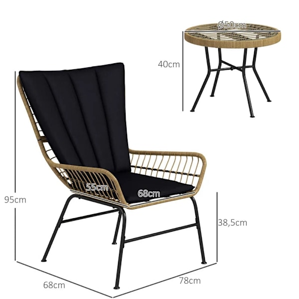 Rootz Havemøbelsæt - Bistrosæt - Boho Style - Balkonmøbler - Vejrbestandigt - Sofabord - Sædehynder - Stålrør-pe-rattan - Naturligt træ-sort - 78 x 68