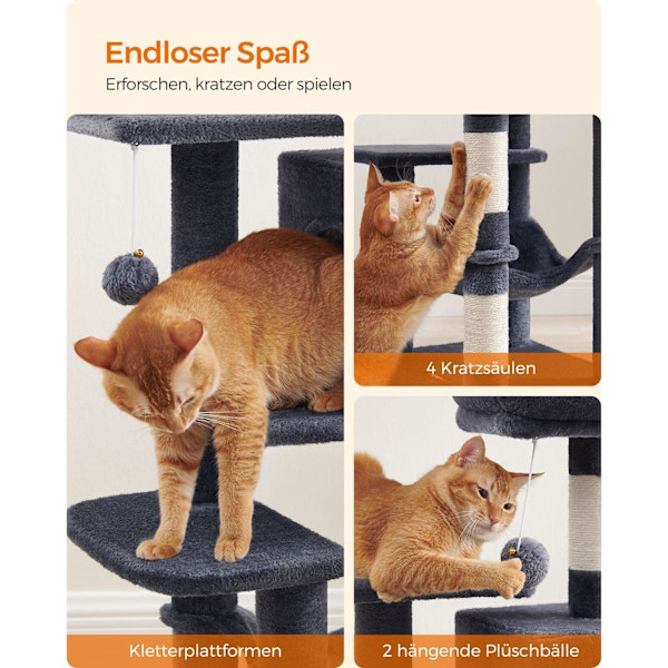 Rootz Cat Scratching Post - Kitty Tower - Cat Tree - Chipboard Plysch - Sisal - 45cm x 35cm x 112cm - Smoke Grey - Idealisk för 4 katter - 40 kg Kapac