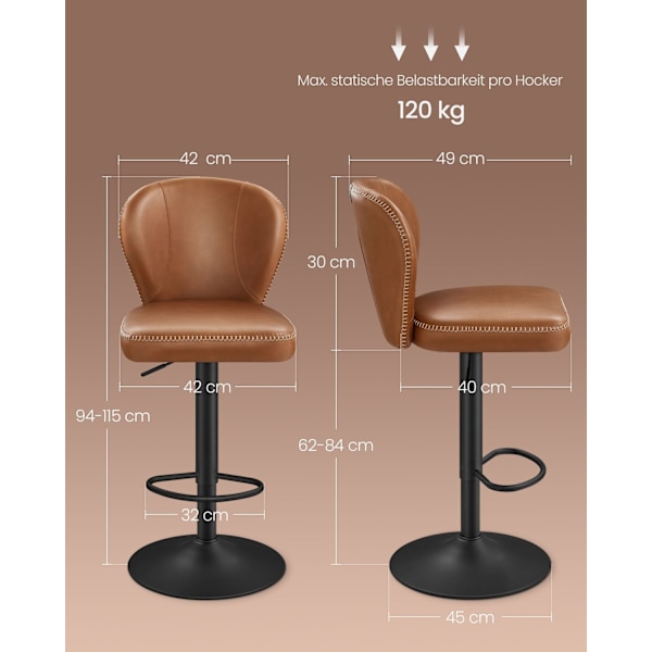 Rootz Set med 2 barstolar - Bänkhöjd pallar - Kökspallar - Stålstomme - PU-läder - 42cm x 49cm x (94-115)cm