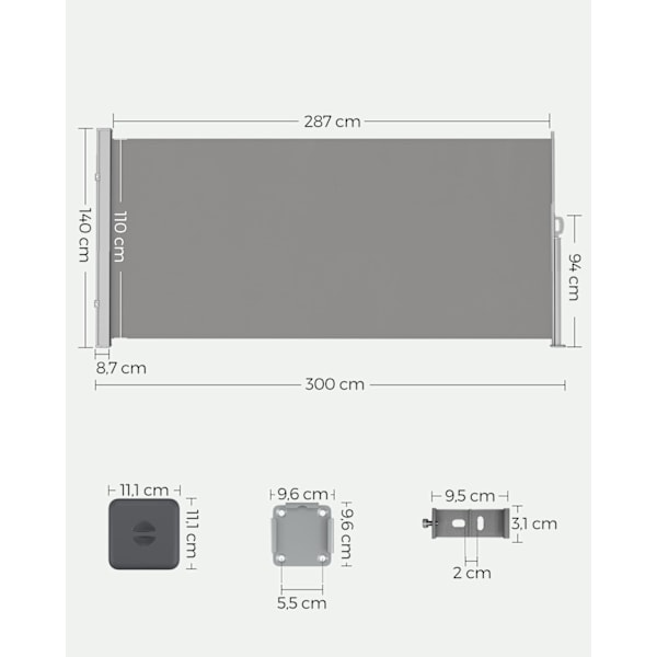 Rootz Sidefortelt - Solafskærmning - Udendørs baldakin - Pulverlakeret stål - Polyester - UV-beskyttelse - 140 cm x 300 cm x 6,4 kg