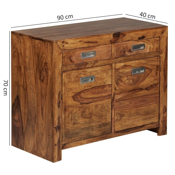 Rootz senkki Massiivipuu Sheesham lipasto 90 cm 2 laatikkoa 2 ovea Design highboard maalaistyylinen ruskea luonnollinen