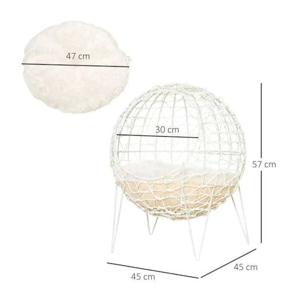 Rootz Rattan Kattekurv - Kattehule - Kattehytte - Katteseng med pude - Forhøjet design - Dyreseng - Cremehvid - Ø45 x 57H cm