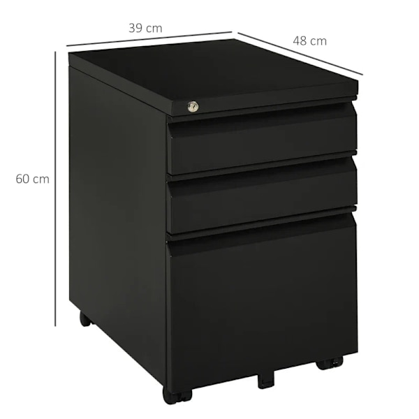 Rootz Rolling Container - Arkistokaappi - 3 laatikkoa - 5 pyörää - Ripustettava viila - Lukittava - Teräs - Musta - 39 x 48 x 60 cm