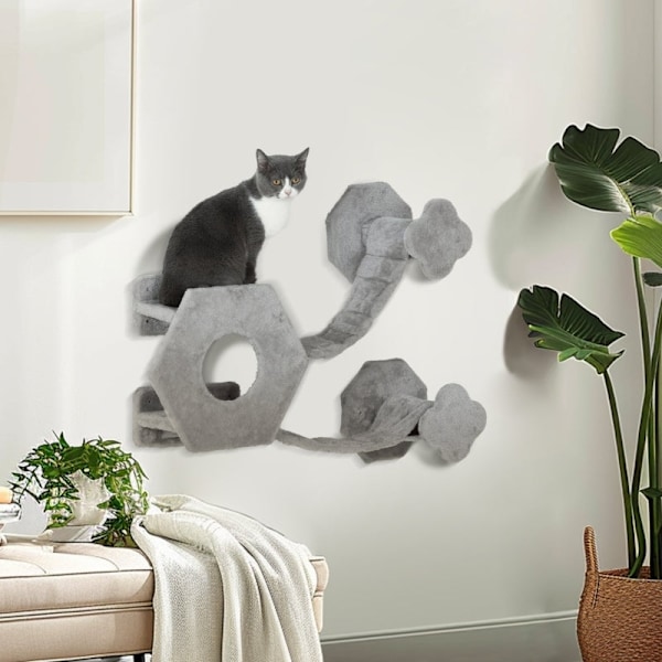 Rootz Cat Klättervägg - Cat Paradise - Väggmonterat kattträd - Platssparande - Mjuk plysch - Spånskivakonstruktion - Ljusgrå - 154cm x 30cm x 38cm