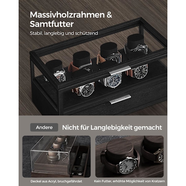 Rootz Watch Box Organizer - Smyckesförvaringsfodral - Displaystativ i trä - Konstruktion i massivt trä - Akryllock - MDF-interiör - 18 cm x 35,2 cm x