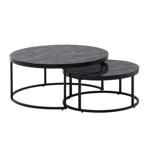 Rootz sofabord sæt med 2 sort marmor look sofabord rundt moderne - Sidebord 2-delt metal - Runde stueborde - Design indskudsborde