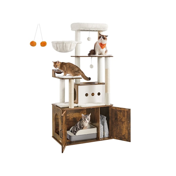 Rootz Scratching Tree med kullskåp - Cat Tower - Pet Playground - Space Saving Design - 80cm x 49 cm x 170 cm, vitt och brunt