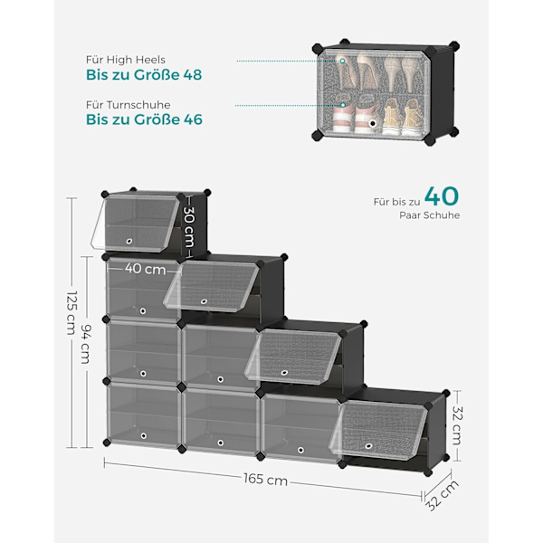 Rootz 10 rum sort opbevaringshylde - Organiseringsstativ - Plastikhylder - ABS-plastik - Stålramme - 32cm x 165cm x 125cm