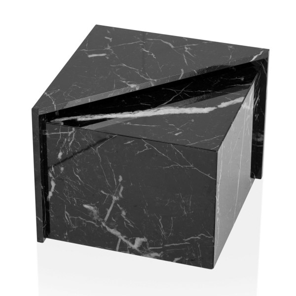 Rootz sofabordssæt med 2 - Monobloc borde - Sort højglans marmorlook - Elegant & pladsbesparende design - 50 cm x 50 cm x 41,5 cm & 46 cm x 46 cm x 36