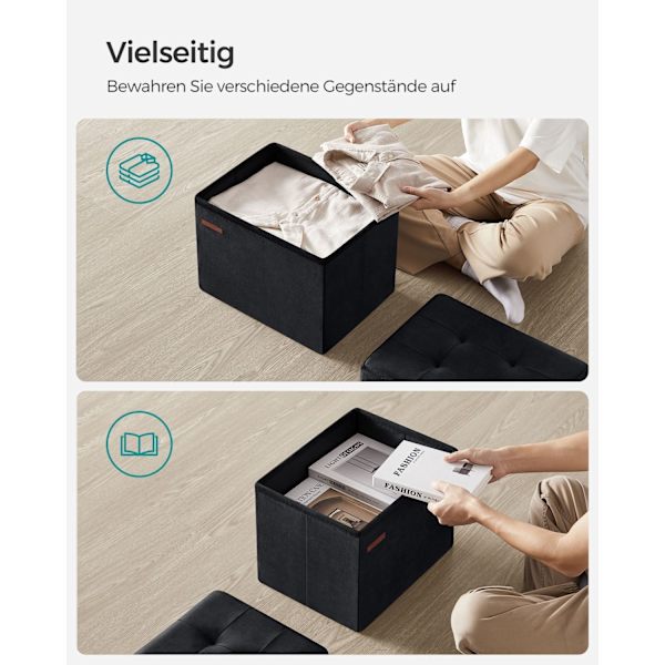 Rootz Velvet sædekiste - Opbevaring Ottoman - Polstret bænk - MDF konstruktion - 31 cm x 41 cm x 31 cm - Blæk sort - 32L Kapacitet