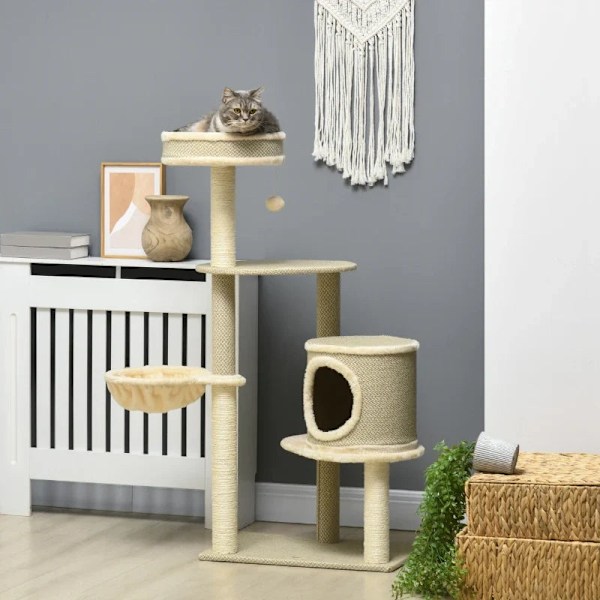 Rootz Kradsestolpe - Kattetræ - 1 Katteseng - 1 Kattehule - 2 liggeområder - Spånplade - Imiteret linned - Brun + Beige + Hvid - 124 cm x 59 cm x 40 c