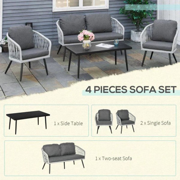 Rootz Utemöbler Set - Trädgårdsmöbler Set - 4-delad Rotting Patio Soff Set - Med 2 enkelkuddar soffor - 1 Loveseat Och 1 Soffbord - Grå