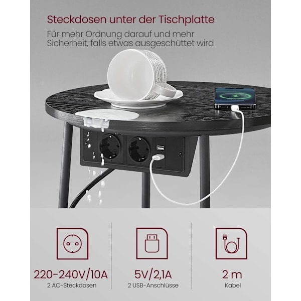 Rootz sidebord med ladestation - stikkontakt - sort - grå - spånplade stål polyester - 45 cm x 50 cm - 4,4 kg - 35 kg Kapacitet