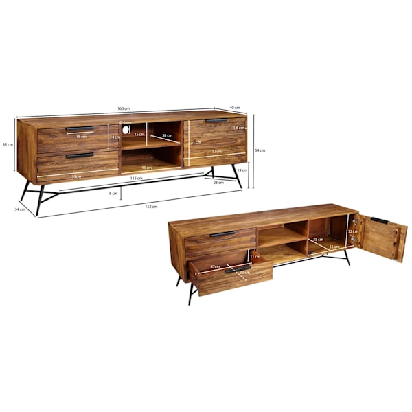 Rootz Lowboard 160x54x40 cm Sheesham Solid Wood - Designhifi-lauta säilytystilalla ja laatikoilla - Massiivipuinen TV-kaappi olohuoneessa - Teollinen