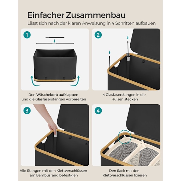 Rootz Bärbar hopfällbar tvättkorg - Korg - Hopfällbar förvaringsfack - 600D Oxford-tyg - Bambu - Lätt - Kompakt - 60 cm x 38,5 cm x 70,5 cm