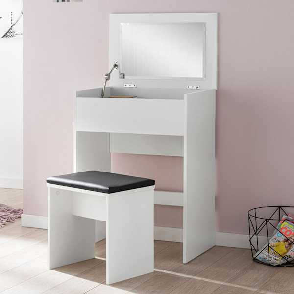 Rootz Toiletbord 60x81x40 cm Hvidt Konsolbord Træ Moderne - Kosmetikbord med skammel og spejl - Hvidt toiletbord med klaprum - Moderne make-up bord pi