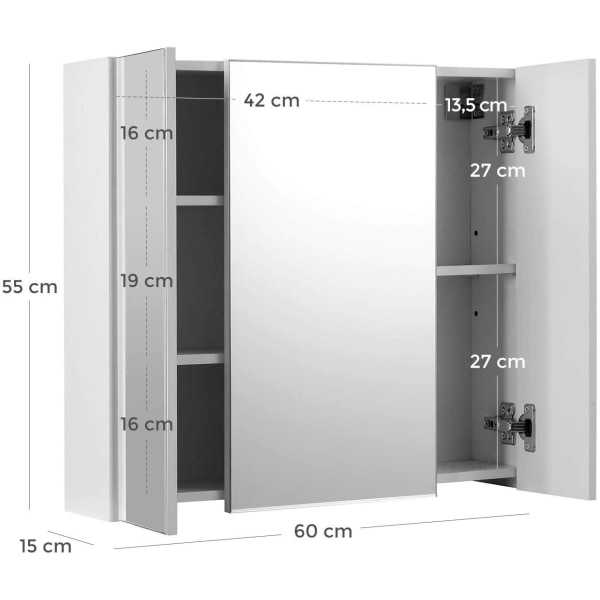 Rootz Spegelskåp - Badrumsskåp - Förvaringsskåp - Väggmonterad - 3 dörrar - Justerbara hyllor - Modernt - 60 x 15 x 55 cm