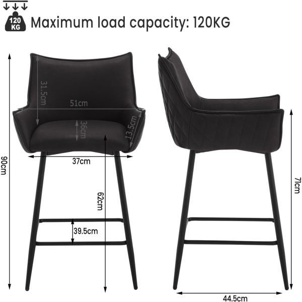 Rootz Vintage Barpall i konstläder - Retro Barstol - Industriell bänkpall - Bekväma sittplatser - Robust design - Golvskydd - 51cm x 90cm x 49cm