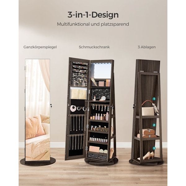 Rootz smykkeskab - Armoire - Organizer - Fuldlængde spejl - 3 hylder - 40cm x 36cm x 140cm