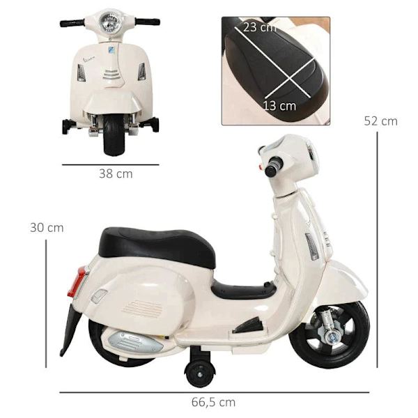 Rootz VESPA - Elmotorcykel - Børnemotorcykel - Elbil - LED lys - Metal - Hvid - 66,5 x 38 x 52 cm