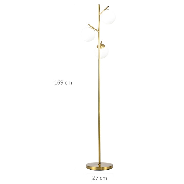 Rootz golvlampa - Retrodesign - Stabil metallfot - Slät stav - Lång strömkabel - 3 lampskärmar - Lämplig för LED - Järn+Glas - Guld+Vit - Ø27 x 169H c