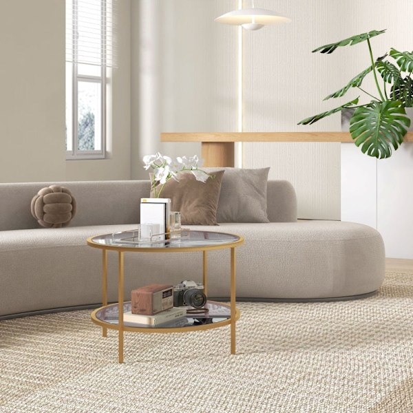 Rootz sidobord - Modernt sängbord - Nattduksbord - Härdat glas - Pulverlackerat stål - 60 cm x 43 cm - 2-vånings hylla - Guld