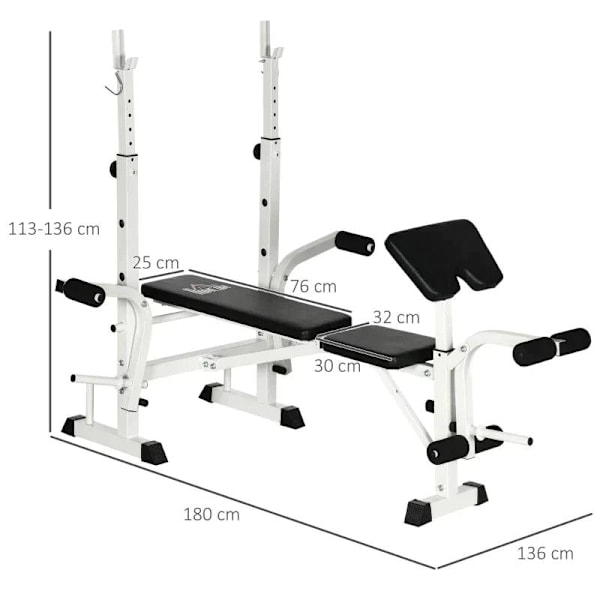 Rootz Vægtbænk med vægtstativ - Brystpress - Benpress - Armlæn til Bicep Curls - Stål - Sort og hvid - 180L x 134W x 113-136H cm