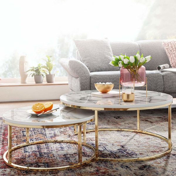 Rootz Sæt med 2 hvidguld Marmorlook Sofabord Rundt Moderne - Sofaborde 2-delt metal - Runde stueborde - Design indskudsborde
