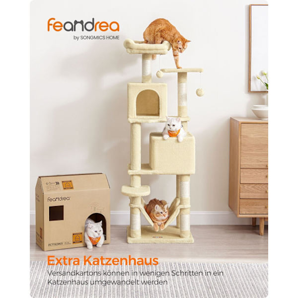 Rootz Beige Cat Skrapstolpe - Kattträd - Skrapare - Spånskiva plysch Sisal - Robust konstruktion - Enkel montering - 49cm x 40cm x 155cm