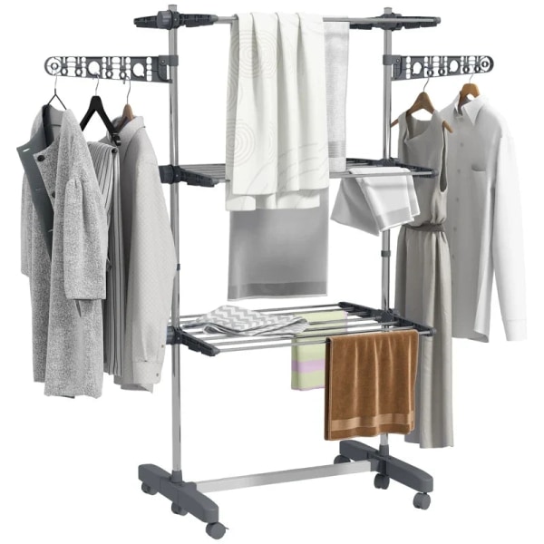 Rootz Klädtorkställ - Klädluftare - Torktumlare - 4 nivåer - Vikbart - One-click System - Rostfritt stål - Blå - Silver - 142cm X 55cm X 152cm