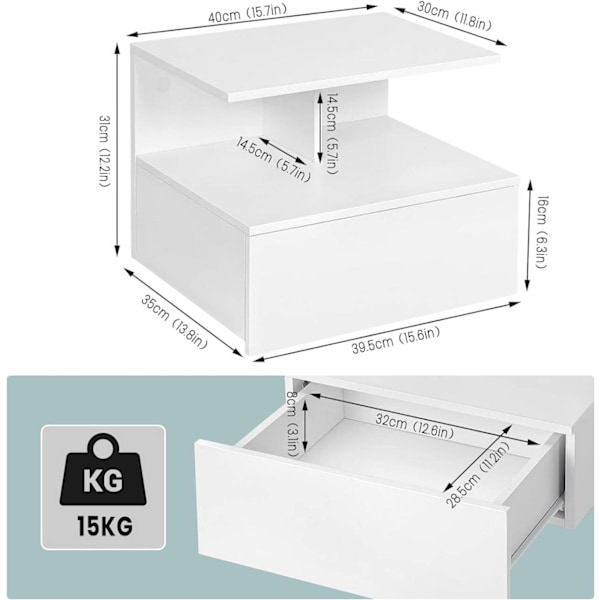 Rootz Väggmonterat Sängbord - Flytande Nattduksbord - Skandinaviskt Sidobord - E1 Trämaterial - 40cm x 31cm x 35cm