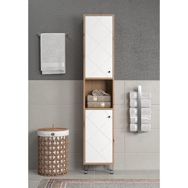 Rootz Tall Bathroom Cabinet - Storage Unit - Washroom Organizer - Bath Furniture - Towel Stand - Shelving System - White Matt Lacquer with Artisan Oak
