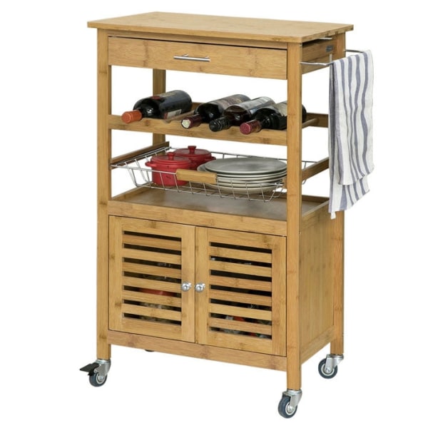 Rootz Bamboo Köksvagn med hjul - Tevagn - Serveringsvagn - Flaskställ, Handdukshållare, Avtagbar korg - 60cm x 92cm x 36cm