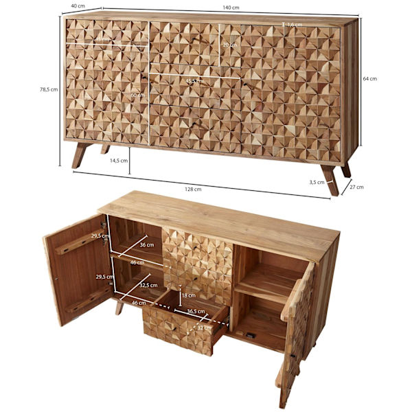 Rootz Room Senkki 140x78,5x40 cm Senkki Massiivipuinen Akaasiakaappi Ruskea - Maalaistyylinen lipasto, 3 laatikkoa ja 2 ovea - Eteisen kaappi aitoa pu