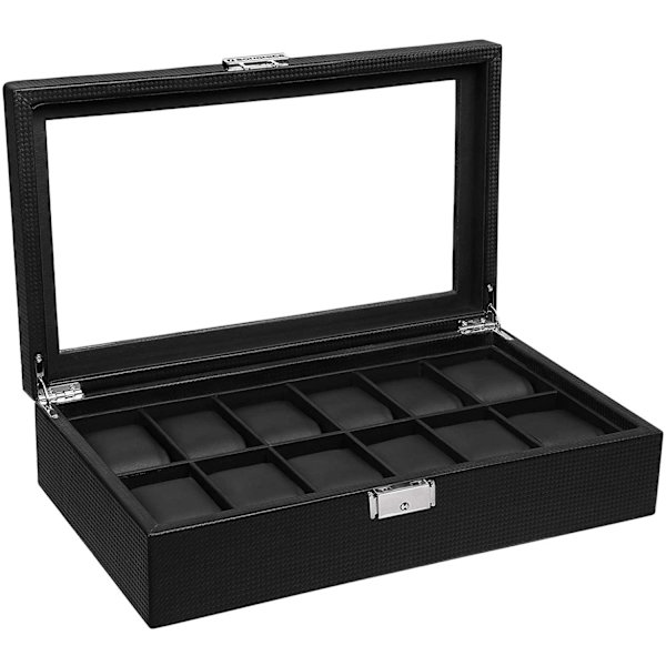 Rootz Watch Box - Kellon säilytys - 12 lokeroa - Velvet - PU - Metallisolki - Musta - 36,2 X 9 X 21,3 cm