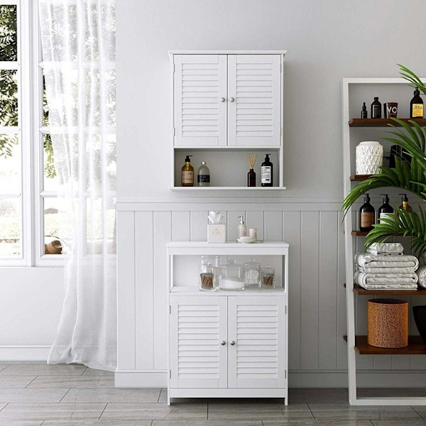 Rootz badeværelsesskab - Opbevaringsskab - Hygiejneorganisering - Hvid MDF - 60 cm x 20 cm x 70 cm - Åbent rum - Justerbar hylde - Forkromede knopper