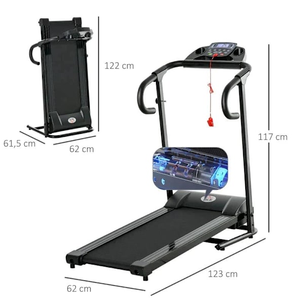 Rootz Løbebånd - Elektrisk Løbebånd - Sammenfoldelig - 500 W 0,8-10 km/t 0,75HK - LCD Display - Med Mobiltelefon Holder - Sort - 123 x 62 x 117 cm