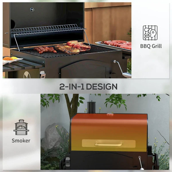 Rootz Kulgrill - BBQ Ryger - Justerbart kulrum - Sidehylder - Varmestativ - Emaljeret støbejern - Sort - 124L x 66W x 112H cm
