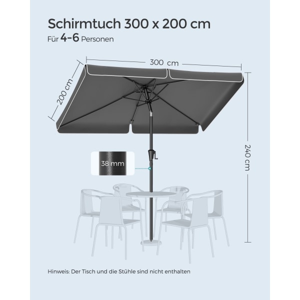 Rootz Grå Stålramme Parasol - Udendørs paraply - Solskærm - Polyesterstof - UV-beskyttelse - Nem montering - 300 cm x 200 cm x 240 cm