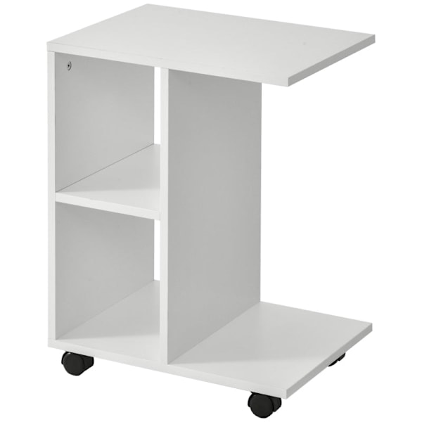 Rootz C Shape Side Table - Coffee Table - Stand Table - Corner Desk -Portable Sofa Table with Shelf - Wheels for Small Area - E1 Chipboard - White - 4