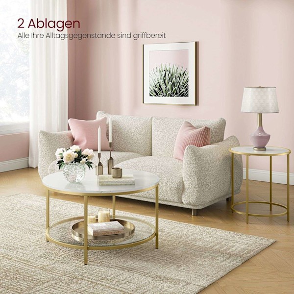 Rootz Marmor Hvid-Metallic Guld Sofabord - Stuebord - Moderne Centerbord - Spånplade - Hærdet glas - Stålstel - Justerbare fødder - Letvægts - Nem mon