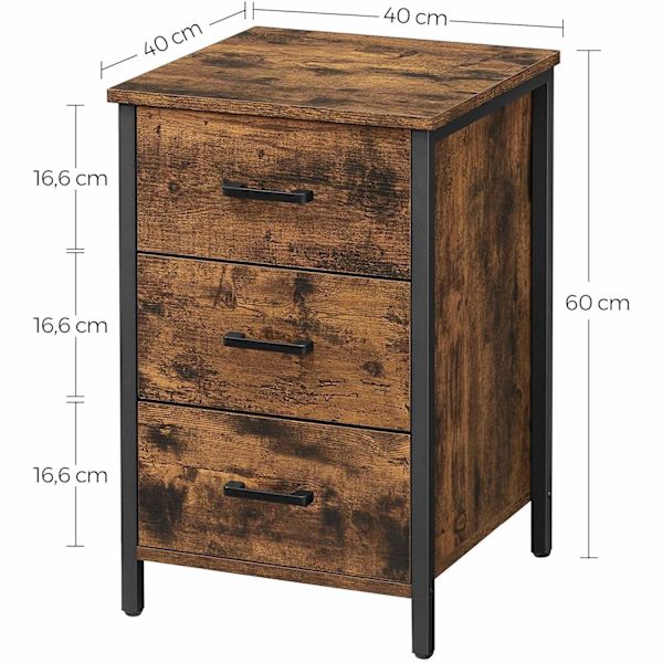 Rootz Sengebord - kommode - sidebord - 3 skuffer - industrielt - brun - sort - forarbejdet træ - metal - 40 x 40 x 60 cm
