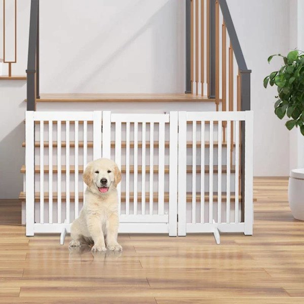 Rootz Træspærre - Fritstående Hundeport - Dørport - Justerbar Hundelåge - Foldbar Trappeport - Hvid - 155 x 1,5 x 76 cm