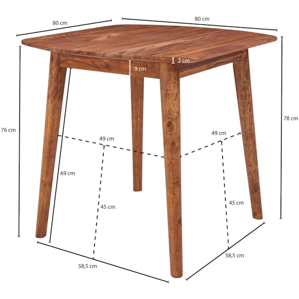 Rootz rumsmatbord Sheesham 80x78x80 cm massivt träbord - Designer köksbord trä - Massivt träbord Rustik - Matbord Massivt äkta trä Modernt
