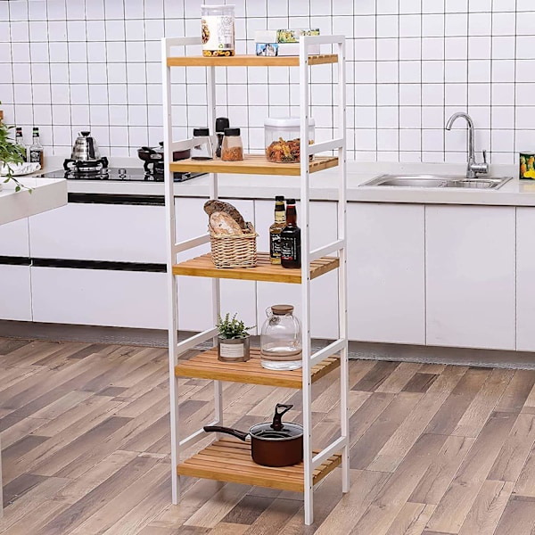 Rootz reol - Opbevaringsstativ - Køkkenskab - Bambus - Hvid - Beige - 5 niveauer - 45 x 31,5 x 142 cm