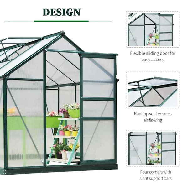 Rootz Greenhouse - Klart växthus av polykarbonat - Stort ingångshus för grönt hus - Aluminiumlegering/PC-skiva - Grön/Transparent - 190L x 252W x 201H