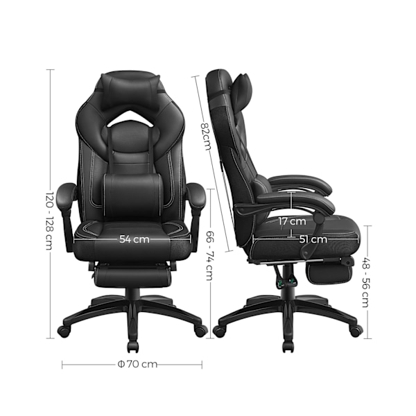 Rootz Gaming Chair - Racerstol - Ergonomisk stol - Lændestøtte - Justerbar nakkestøtte - Liggende ryglæn - Imiteret læder - 70cm x 64cm x 128cm