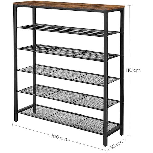 Rootz Skostativ - Skoskab - 5 niveauer - Sideskab - 20 par sko - Metalstel - Entreskab - 100 x 30 x 100 cm - Industriel - Brun - Sort
